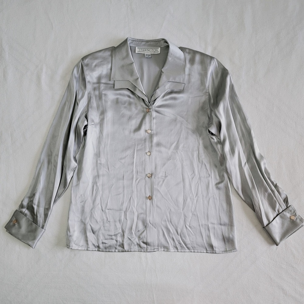 VTG 90s Starington Silk Blouse Silver Women 12 Quiet Luxury Corporate Officewear - Picture 5 of 11